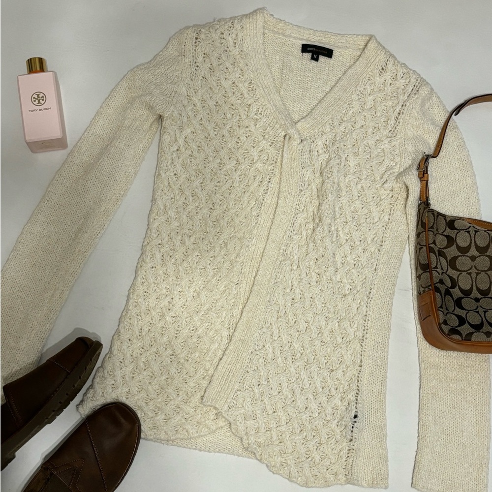BCBG Maxazria Open Front, V-Neck Braided Sweater